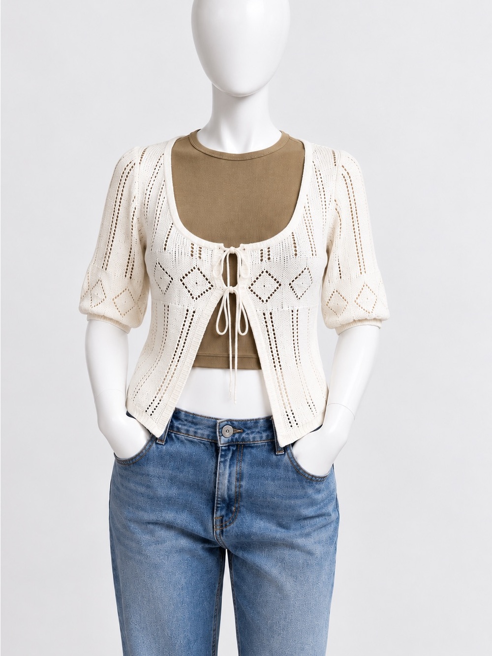 FRYE & CO. Cream 100% Cotton Open Knit Tie Front Cardigan Top